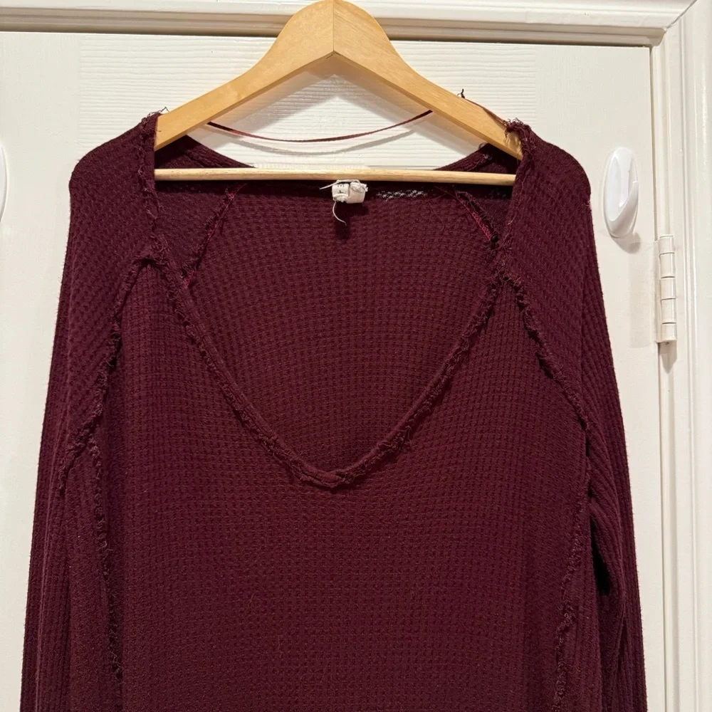 Free People We The Free Waffle Knit Tunic Women’s Med Burgundy Oversized FLAW - Picture 4 of 14